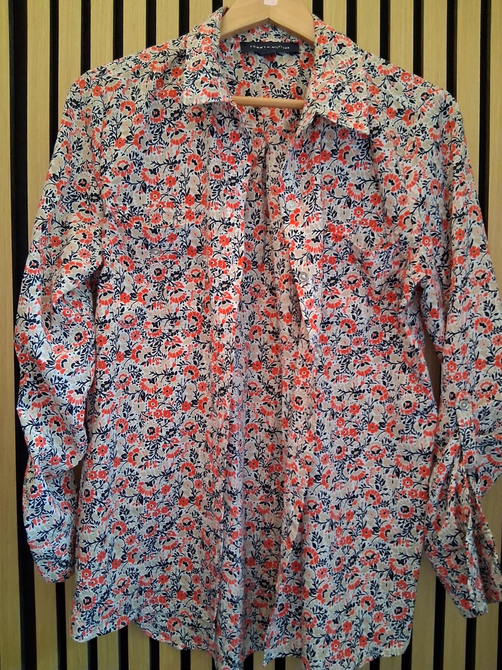 Tommy Hilfiger Cream Button-Down Shirt with Coral & Navy Floral Print